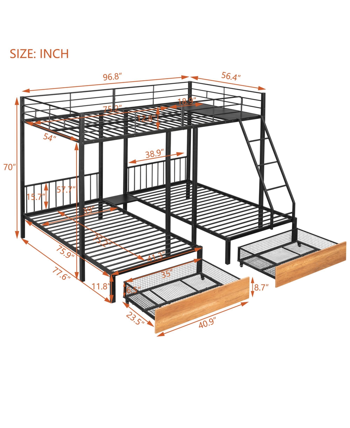 Clihome Full Over Twin and Twin Bunk Bed, Metal Triple Bunk Bed with Drawers and Guardrails