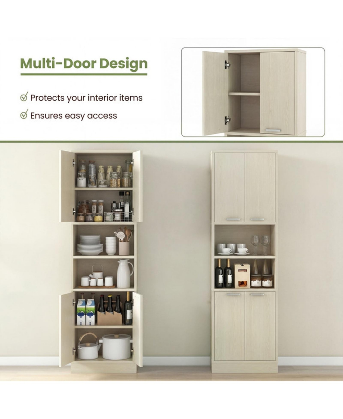 Sugift 75 Inch Tall Kitchen Pantry Cabinet Freestanding Cupboard with Double Doors and Open Shelves