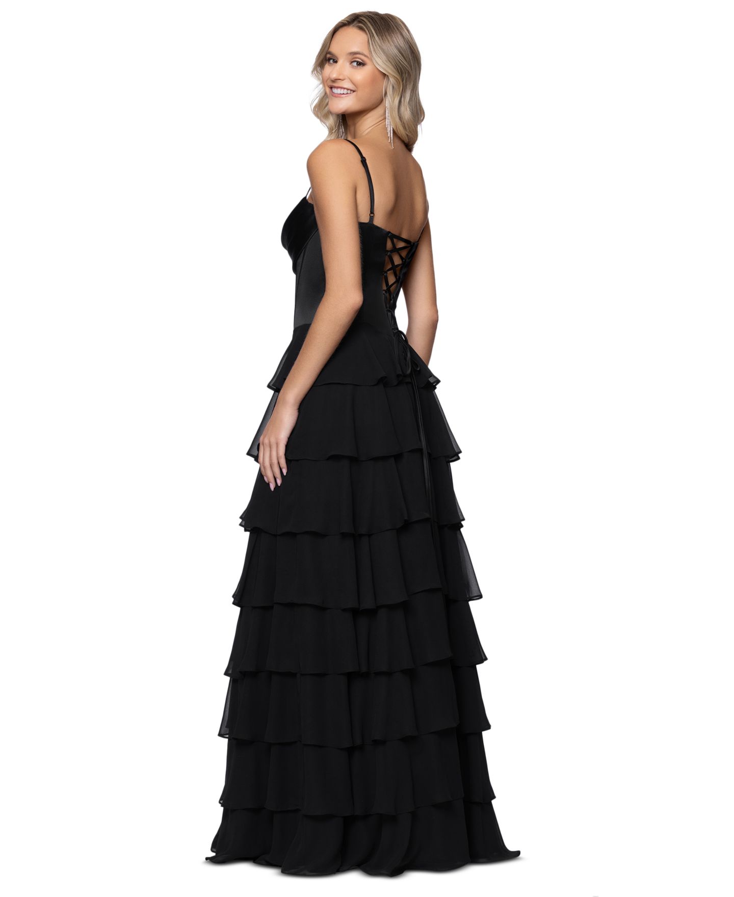 Женские платья Blondie Nites Juniors' Sweetheart Chiffon Tiered Lace-Up Back Corset Ball Gown, цвет: Чёрный — фото 5