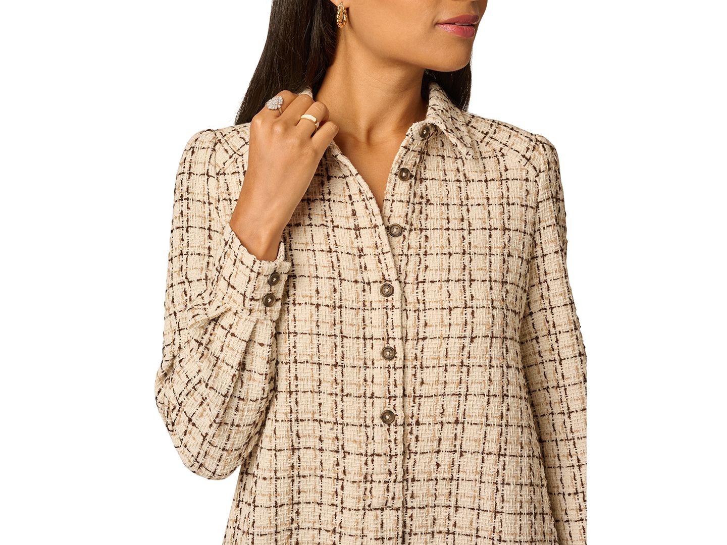 Женское платье Adrianna Papell Hailey Tweed Long-Sleeve Ruffled-Hem Shirt Dress, цвет: Parchment — фото 3