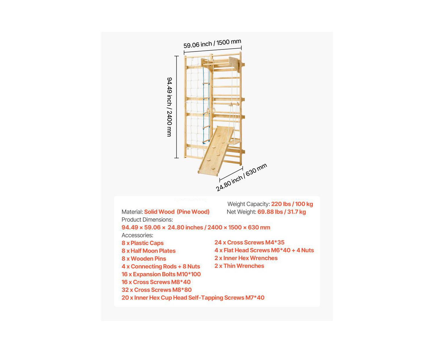 8 in 1 Swedish Ladder Wall Gym with Slide and Swing