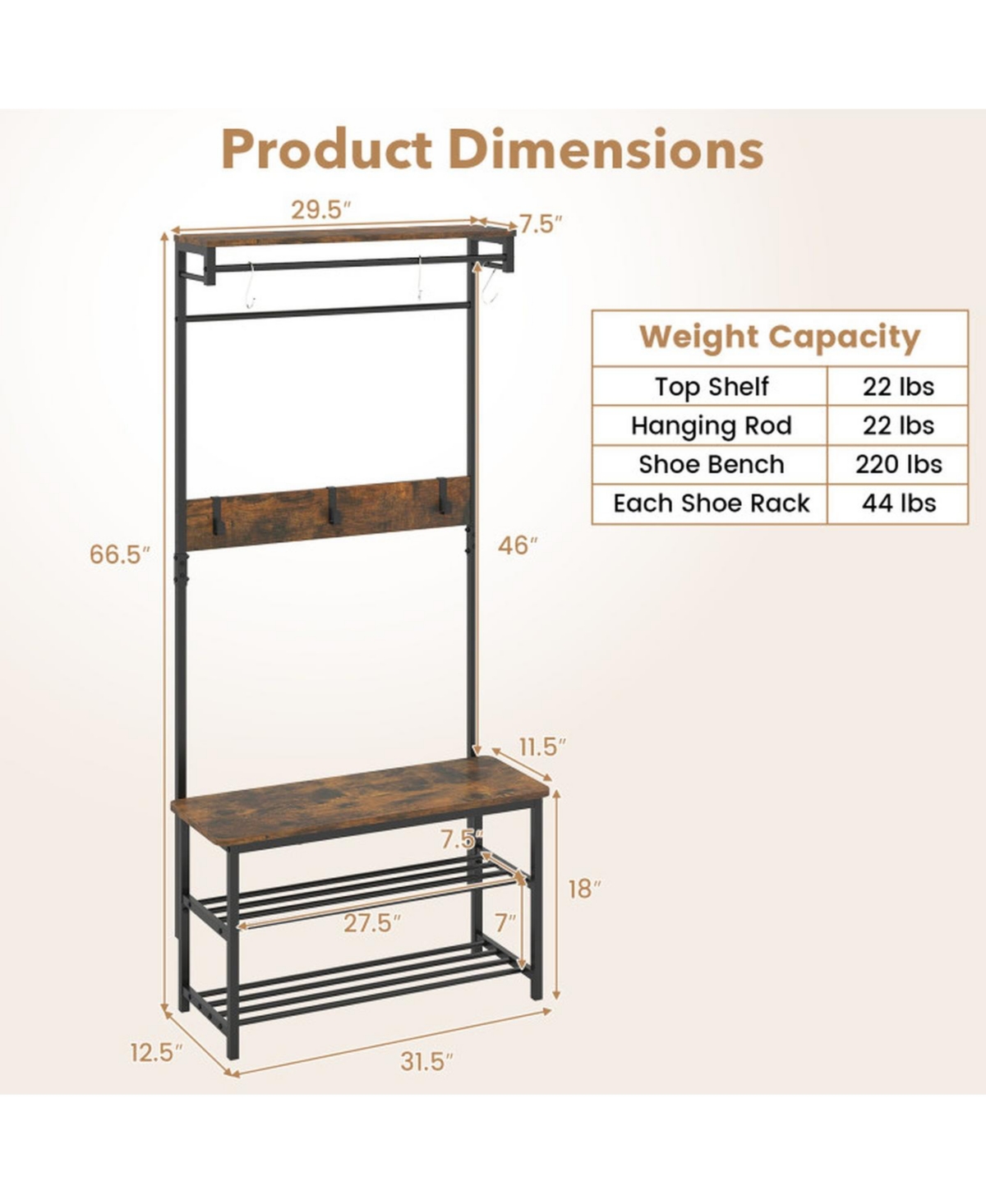 Sugift 4-in-1 Hall Tree with Shoe Bench Hanging Rod and Removable Hooks