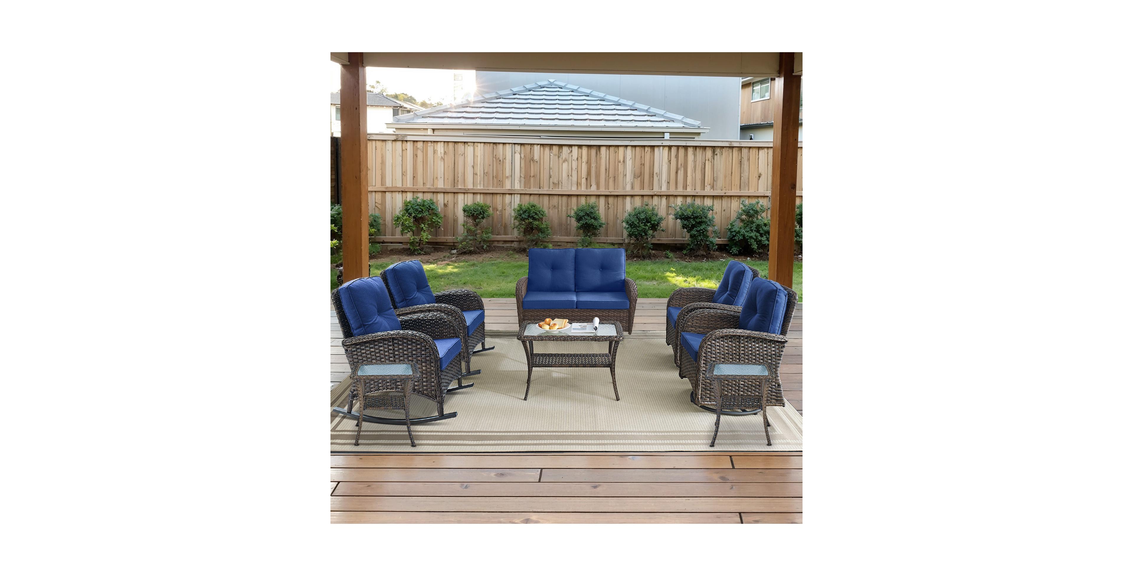 Bellefurn 8-Piece All-Weather Outdoor Wicker Backyard Family Conversation Set with Glider Loveseat, Rocking Chairs, Swivel Chairs and Tables