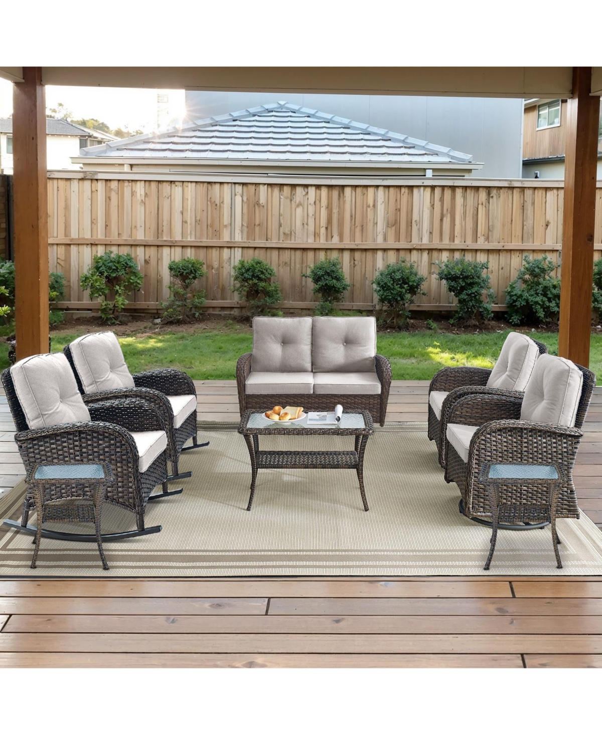 Bellefurn 8-Piece All-Weather Outdoor Wicker Backyard Family Conversation Set with Glider Loveseat, Rocking Chairs, Swivel Chairs and Tables