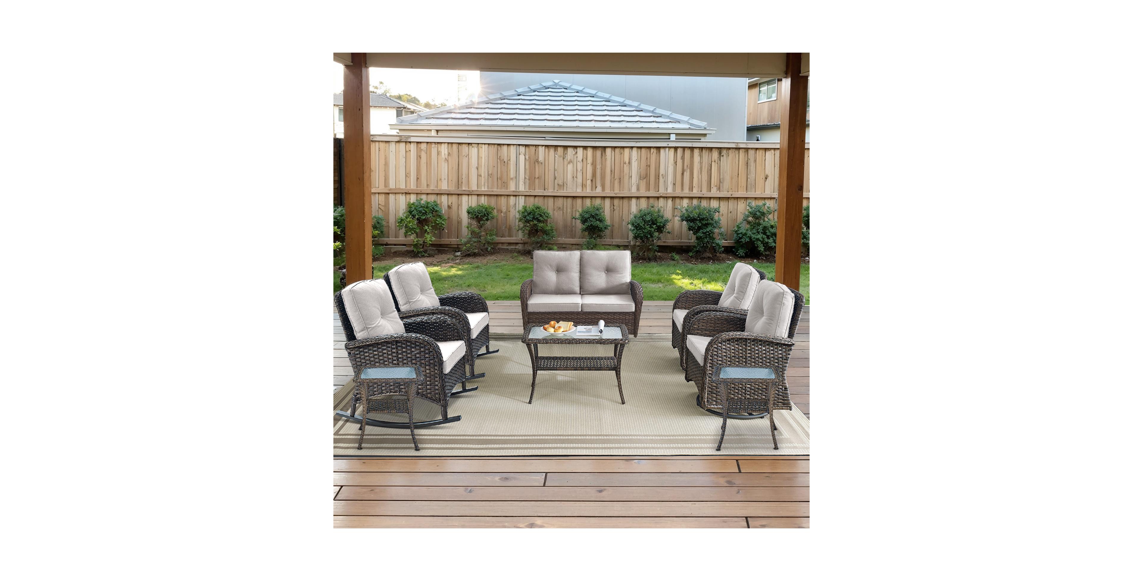 Bellefurn 8-Piece All-Weather Outdoor Wicker Backyard Family Conversation Set with Glider Loveseat, Rocking Chairs, Swivel Chairs and Tables