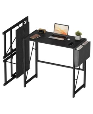 Folding Computer Desk with Side Storage Bag and Accessory Hook, Compact Modern Home Office Workstation, Space-Saving Writing Desk
