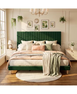 Velvet Upholstered Platform Bed Frame with Adjustable Headboard, Vertical Channel Tufted, Strong Wooden Slats, No Box Spring Needed, Easy Assembly