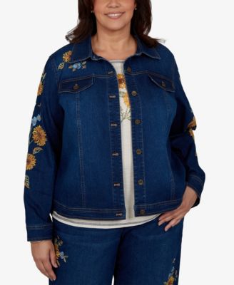 Plus Size Floral-Embroidered Denim Jacket