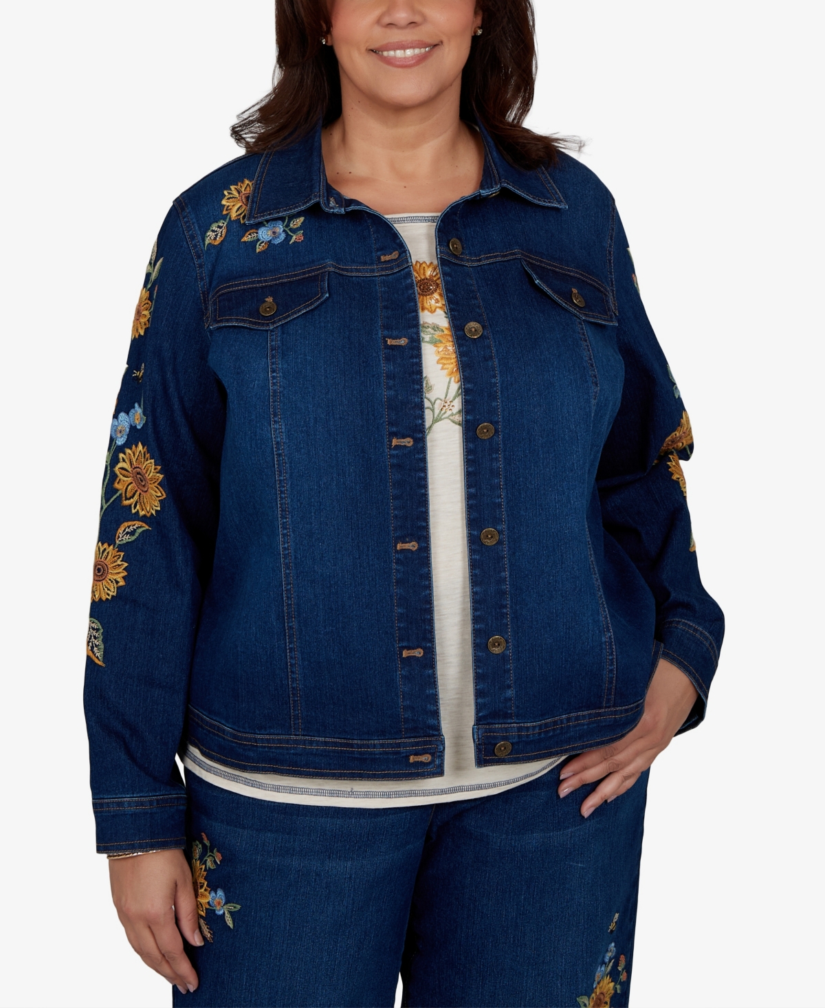 Alfred Dunner Plus Floral-Embroidered Denim Jacket
