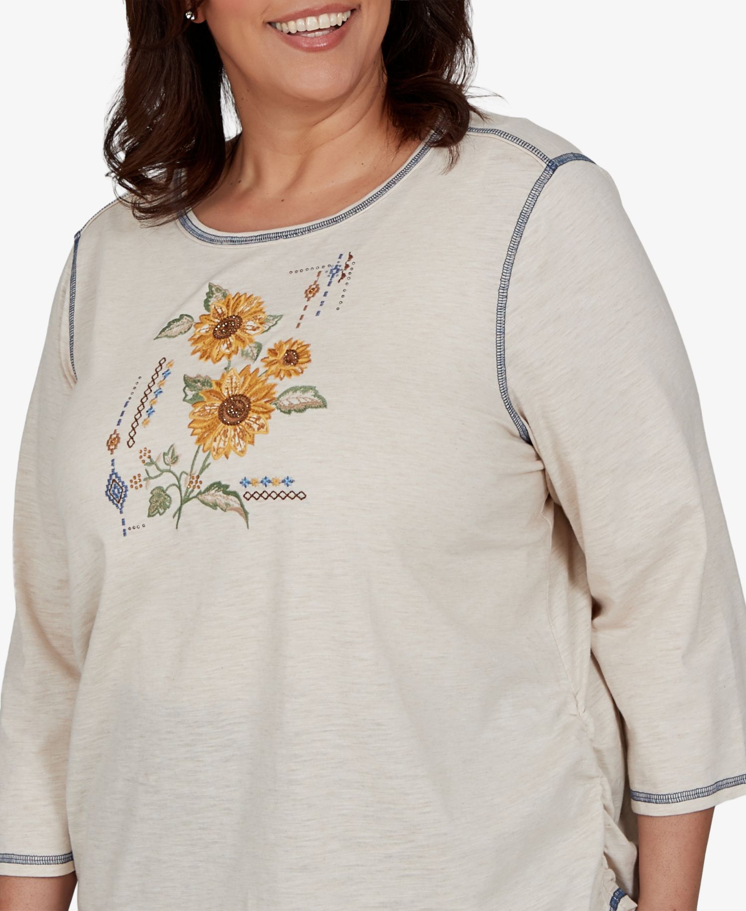 Plus Size 3/4-Sleeve Sunflower-Graphic Cotton-Polyester Blend T-Shirt