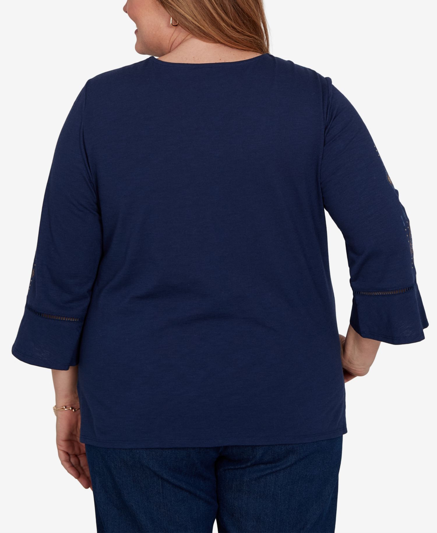 Plus Size Keyhole Neck 3/4-Length Bell-Sleeve Top