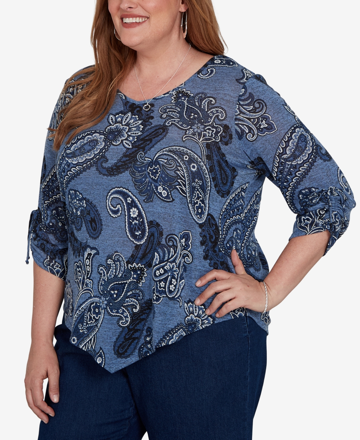 Alfred Dunner Plus V-Neck 3/4-Sleeve Asymmetric Hem Blouse
