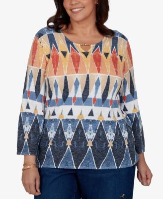 Plus Size 3/4-Sleeve Geometric-Print Keyhole Pullover Sweater