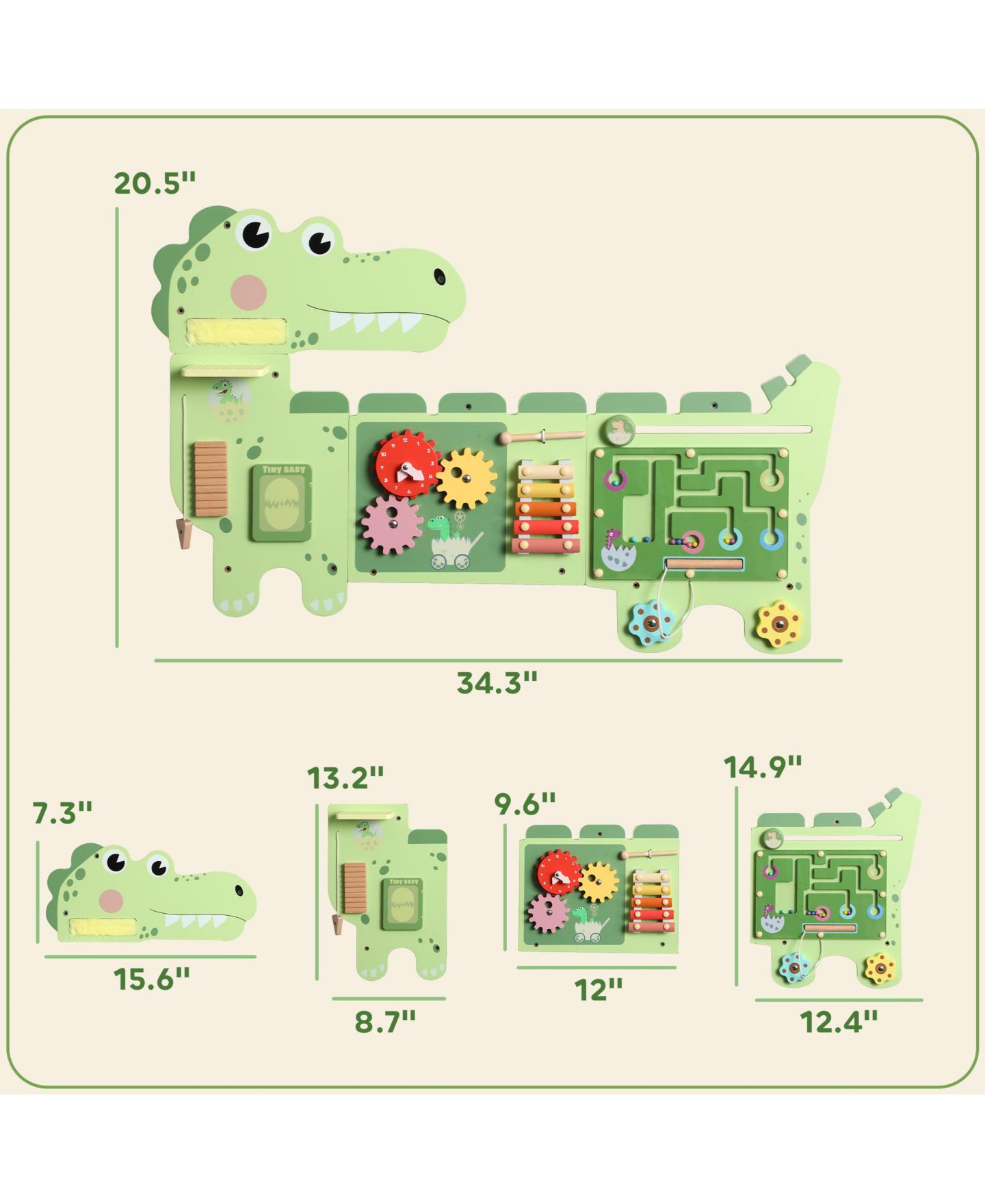 Детская игрушка Qaba Dinosaur Wall-Mounted Busy Board, Music and Sensory Learning, Ages 2+, цвет: Зелёный — фото 3