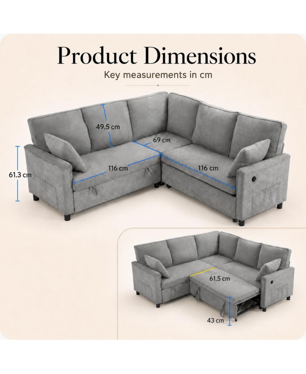 gaomon L-Shaped Sleeper Sofa, Chenille Sectional Couch with Storage, Khaki, Pull-Out Bed, Reversible Chaise and 286 Lb per Seat Support