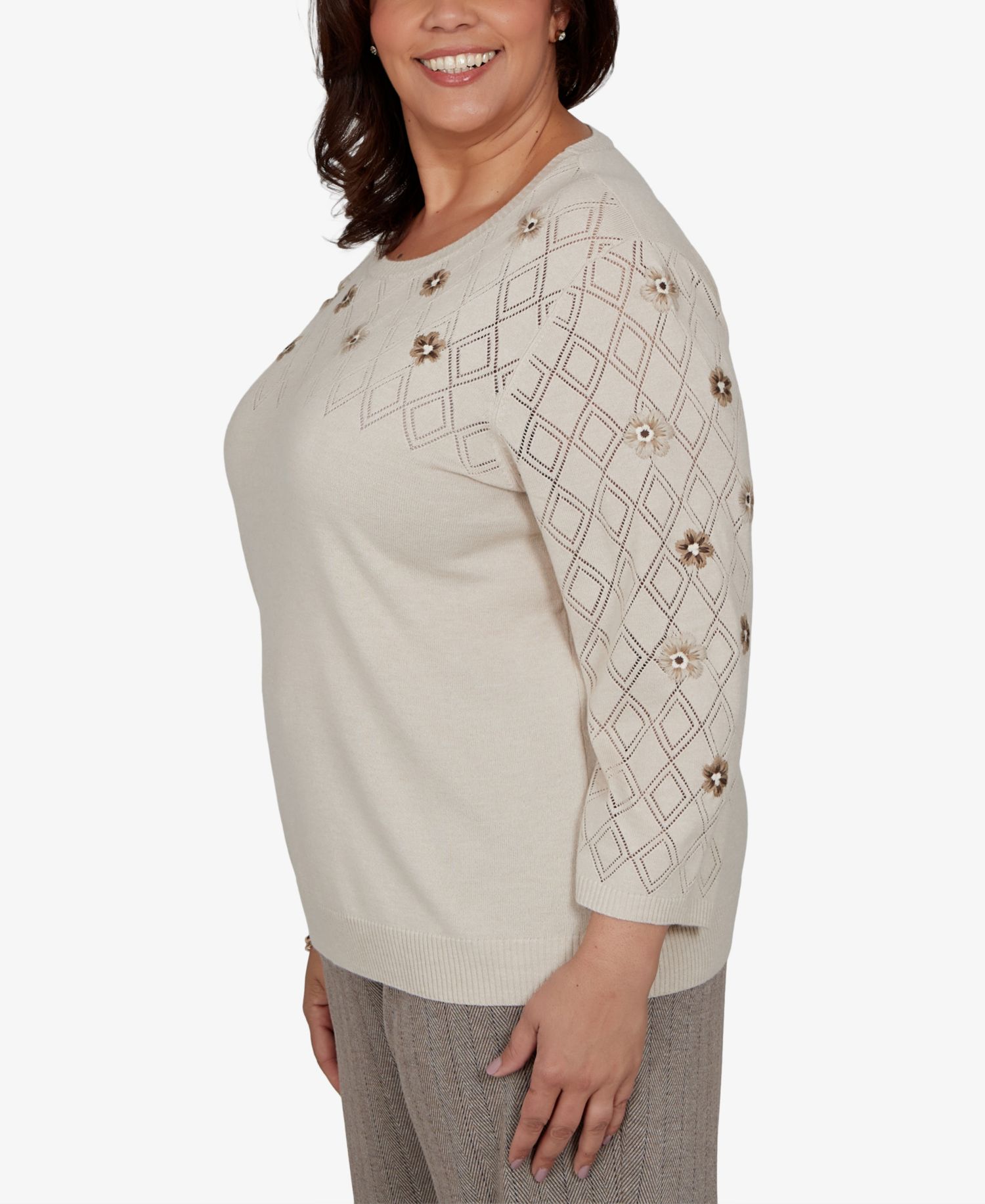 Plus Size 3/4-Sleeve Crewneck Pullover Sweater