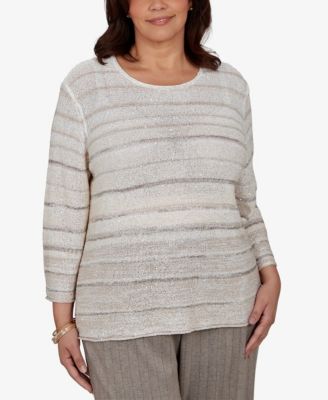 Plus Size Crew Neck 3/4-Sleeve Striped Sweater
