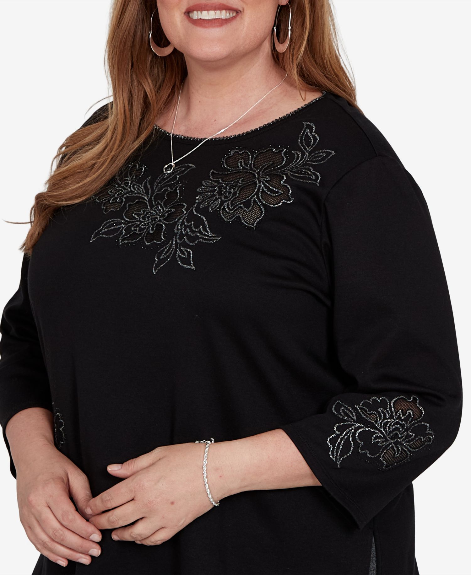 Plus Size Floral Scoop Neck 3/4-Sleeve Knit Top