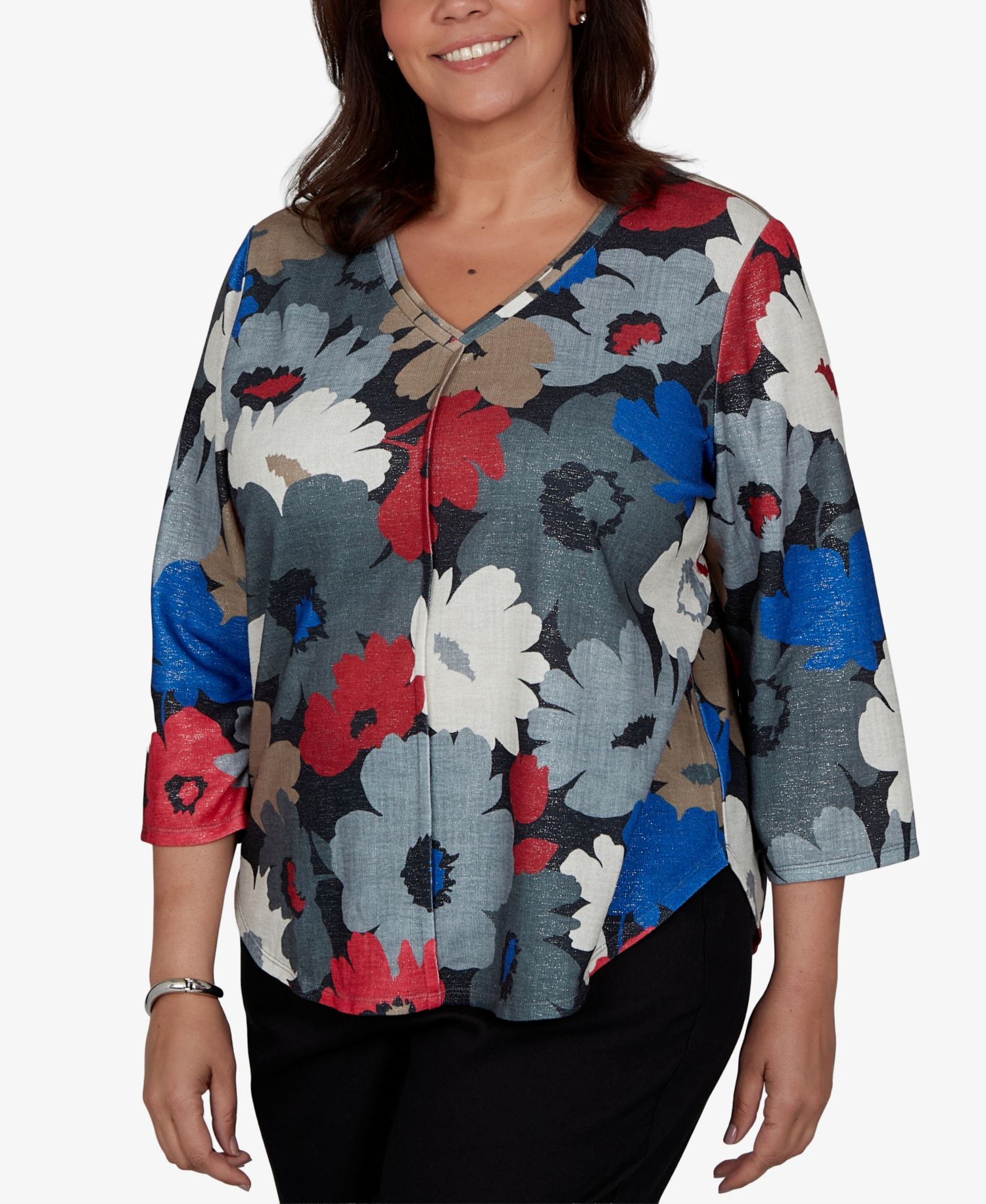 Plus Size Floral V-Neck 3/4-Sleeve Blouse
