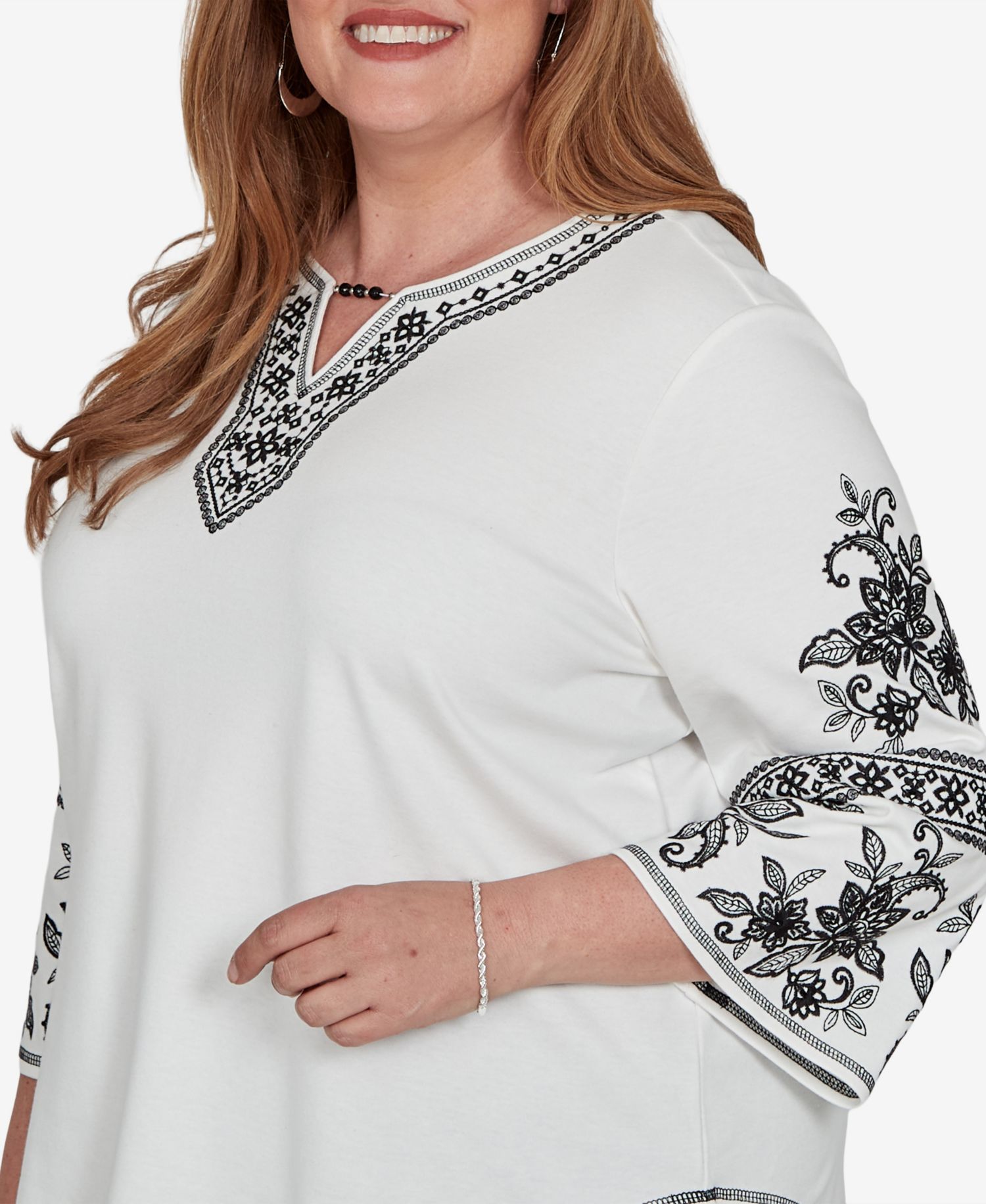 Plus Size 3/4-Sleeve Keyhole Neck Cotton-Blend Blouse