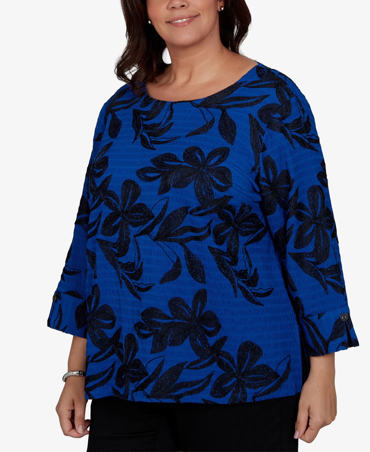 Plus Size Calm Luxe Floral Textured-Knit Boat Neck Blouse