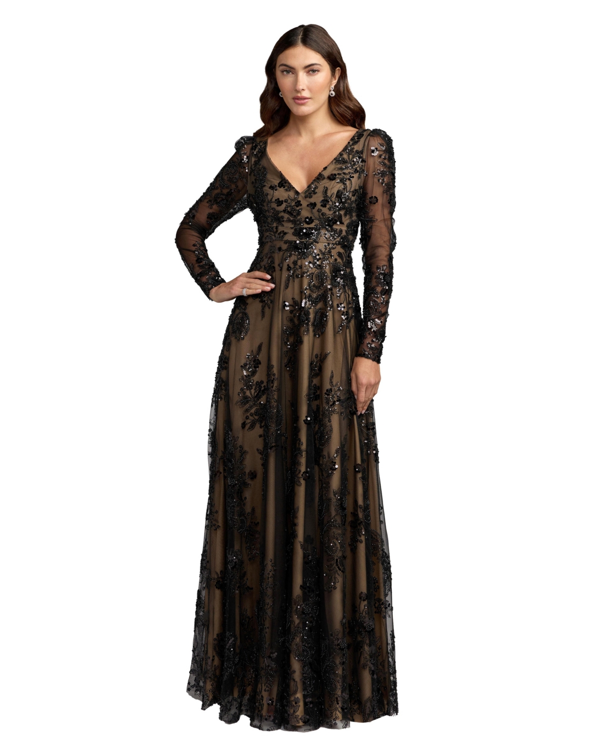 Mac Duggal Women's Floral Embroidered V Neck Long Sleeve Gown - Black nude