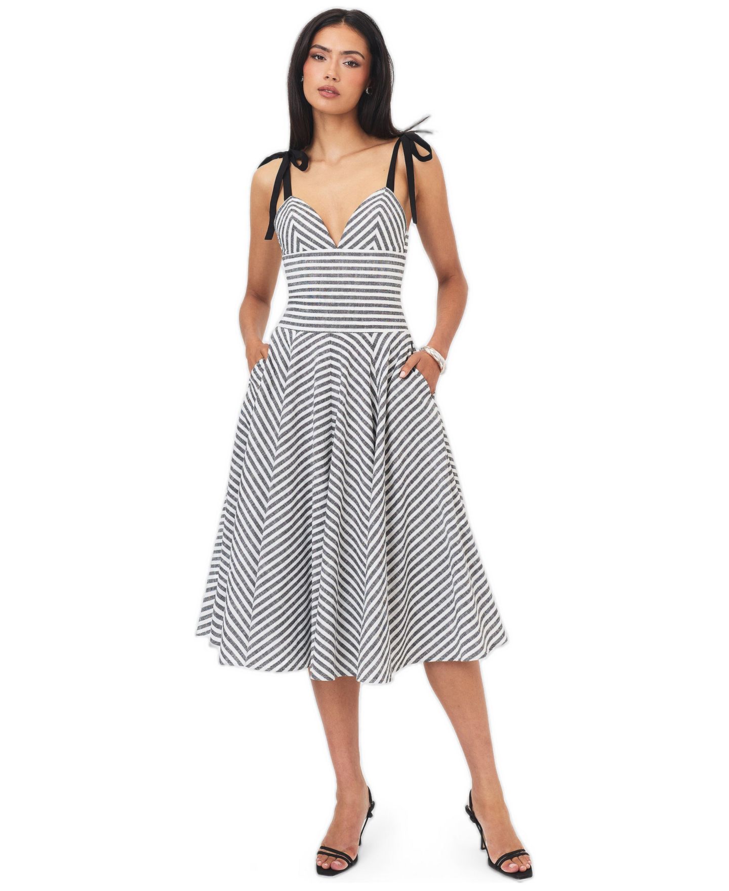 Женское платье Miss Circle Riley Striped A-Line V-Neck Cotton-Linen Blend Midi, цвет: Серый — фото 3