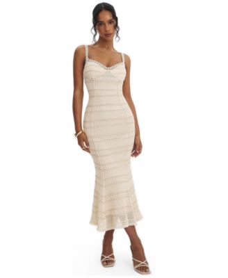 Women's Xiomara Beige and Gold Stripe Crochet Knit Mermaid Midi Dress
