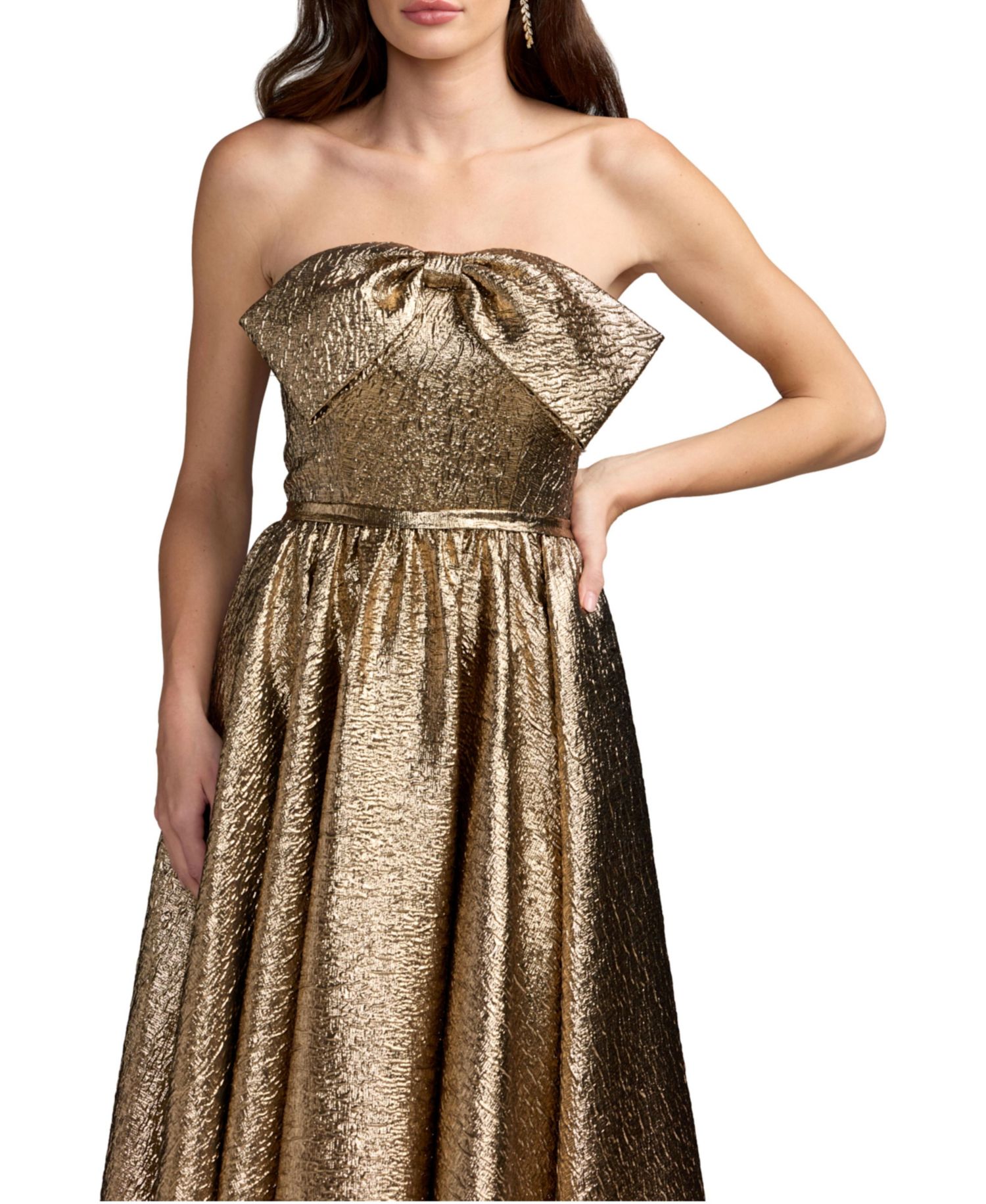 Petite Strapless Bow Metallic Ball Gown