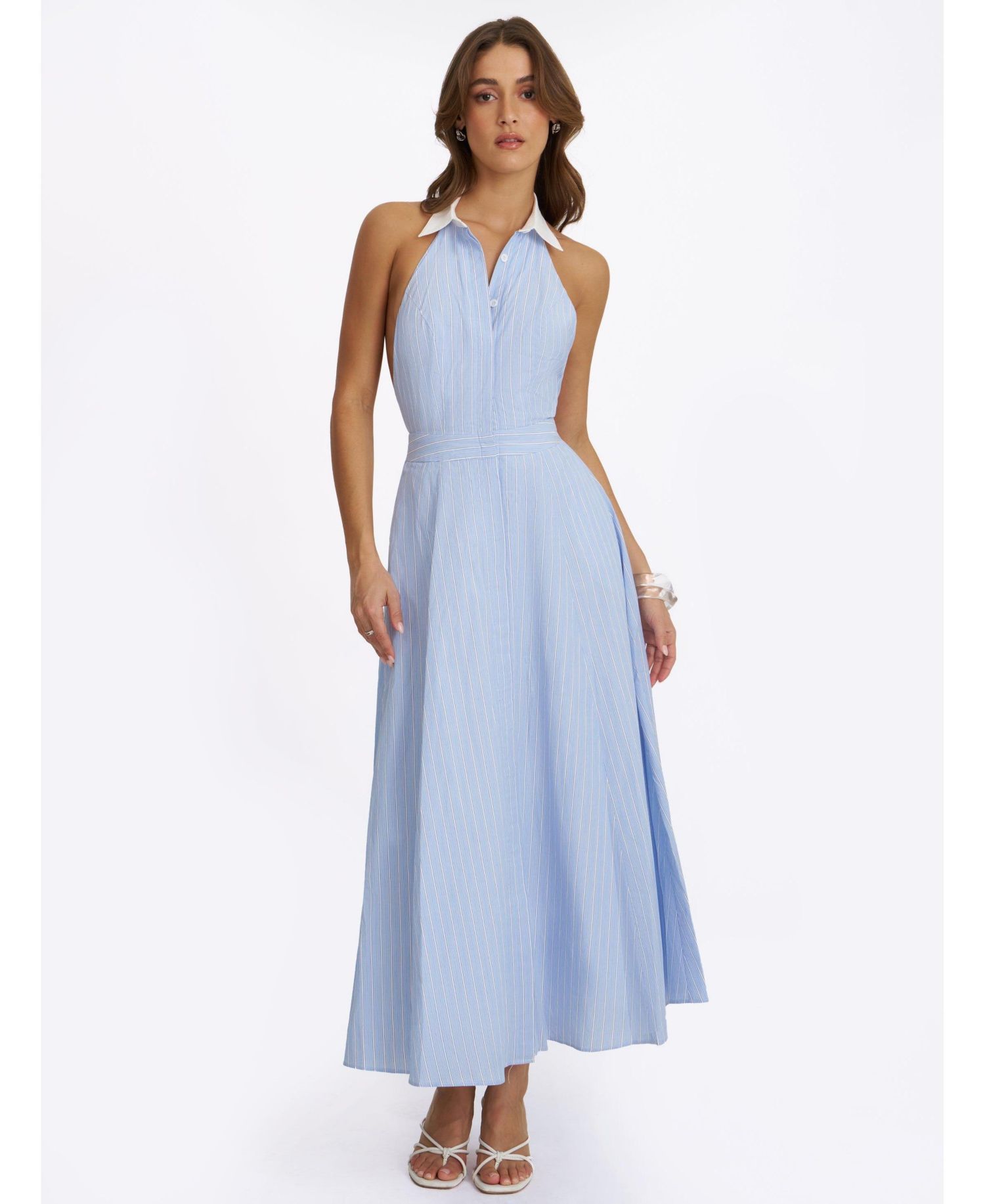 Women Winslet Sky Blue Striped Cotton Poplin Halter Maxi Dress