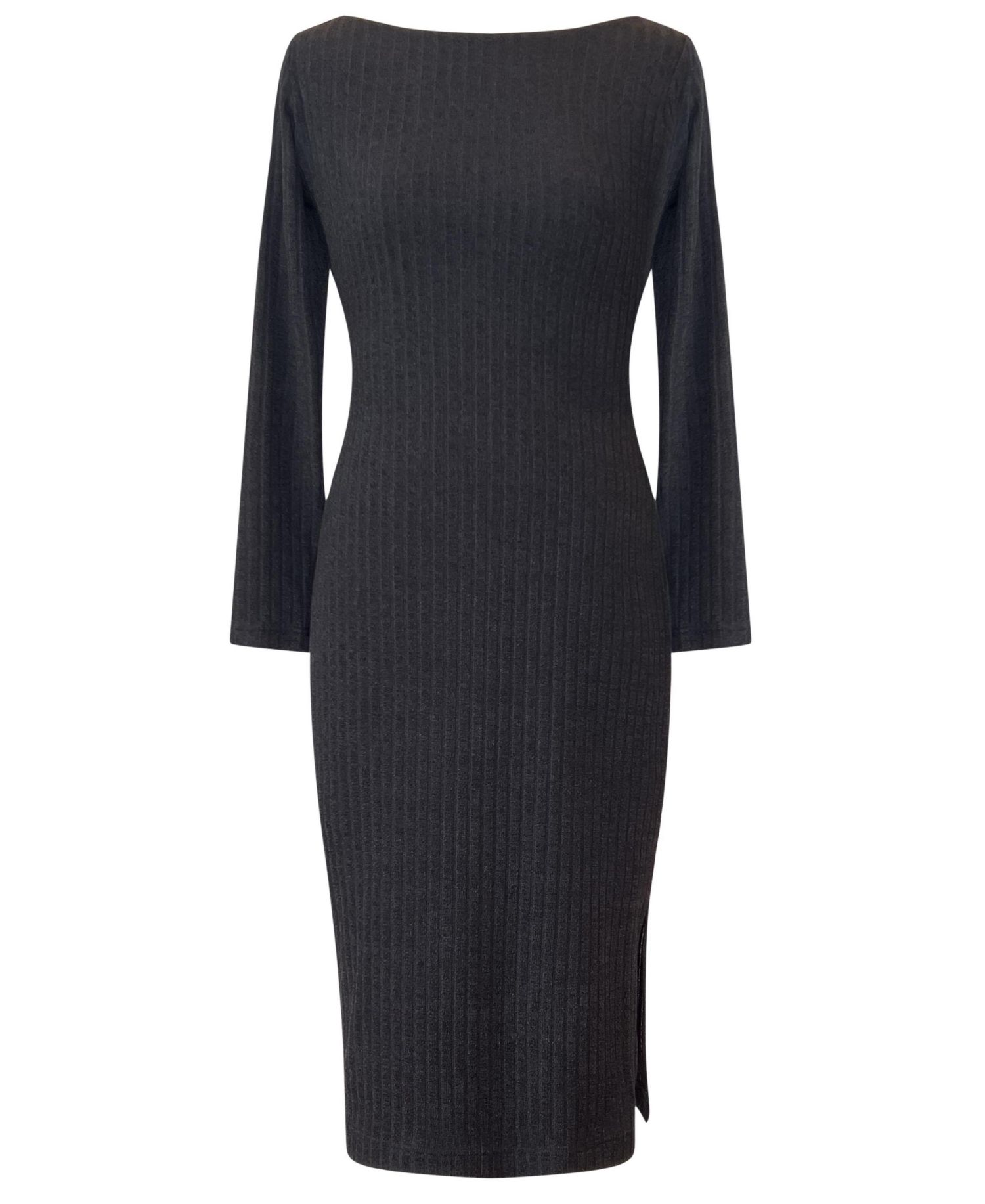 Women's Ribbed Long-Sleeve Boat-Neck Midi Dress