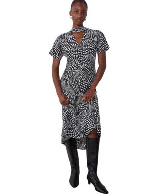 Women's Mixed Dot Scarf Polka-Dot Tie-Neck Short-Sleeve Midi Dress