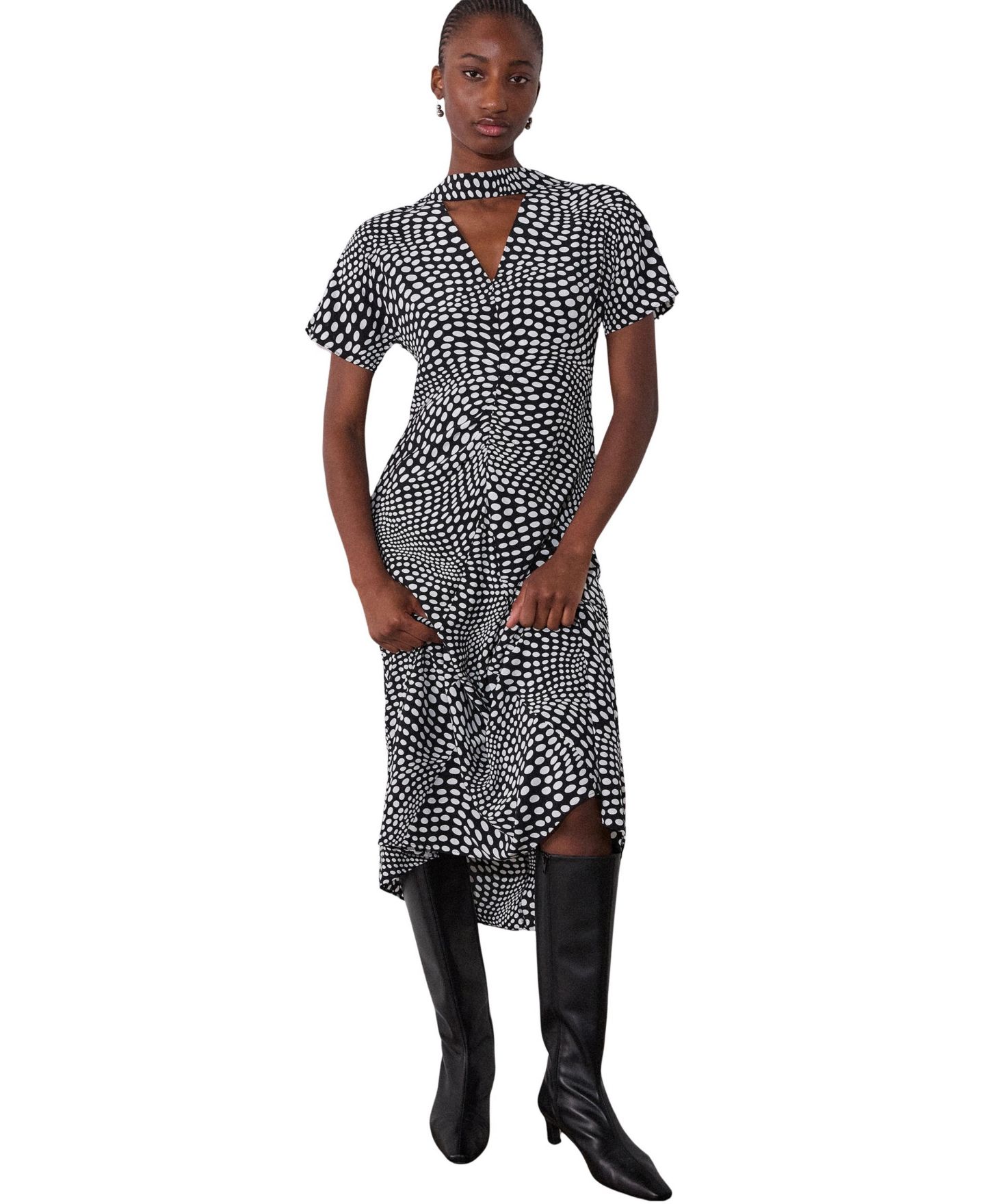 Женское платье Whistles Mixed Dot Scarf Polka-Dot Tie-Neck Short-Sleeve Midi, цвет: Чёрный / Белый — фото 1