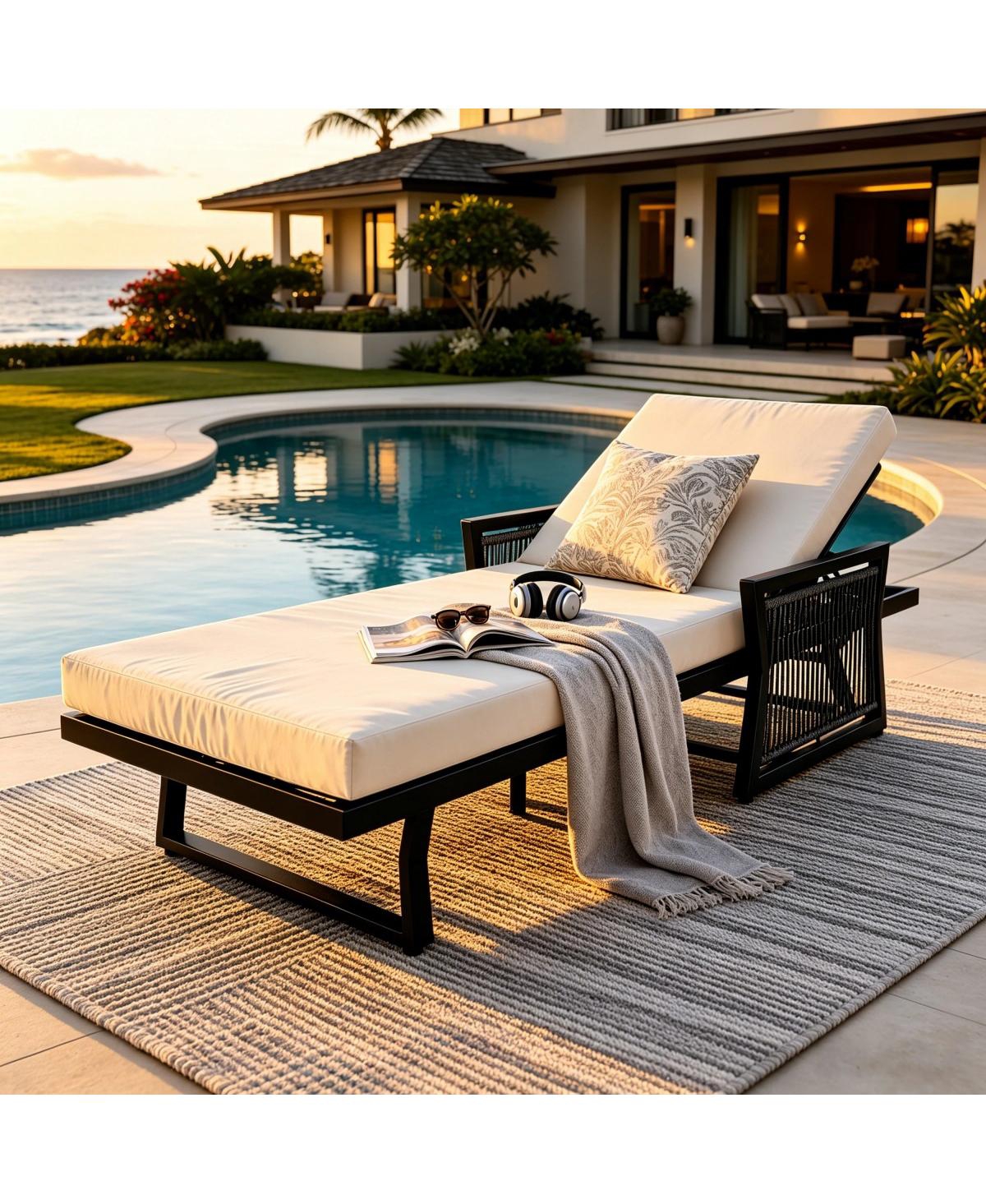 Asagikoiai Iron Outdoor Chaise Lounge with 4" Cushion, 5-Position Adjustable Patio Recliner