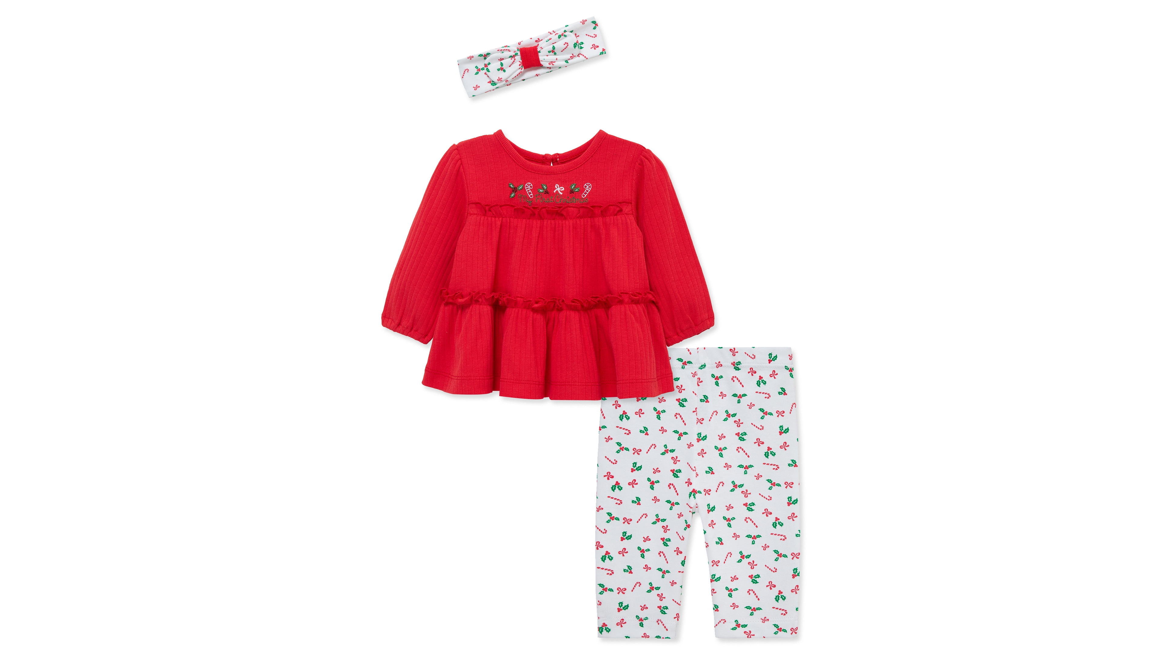 Little Me Baby Girls' Candy Cane Embroidered Tunic Top, Pants and Headband, 3-Piece Set