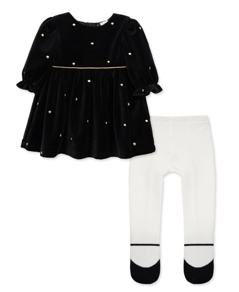 Little Me Baby Girls' Gold Dot Mesh Long-Sleeve Dress and Tights, 2-Piece Set, цвет: Чёрный