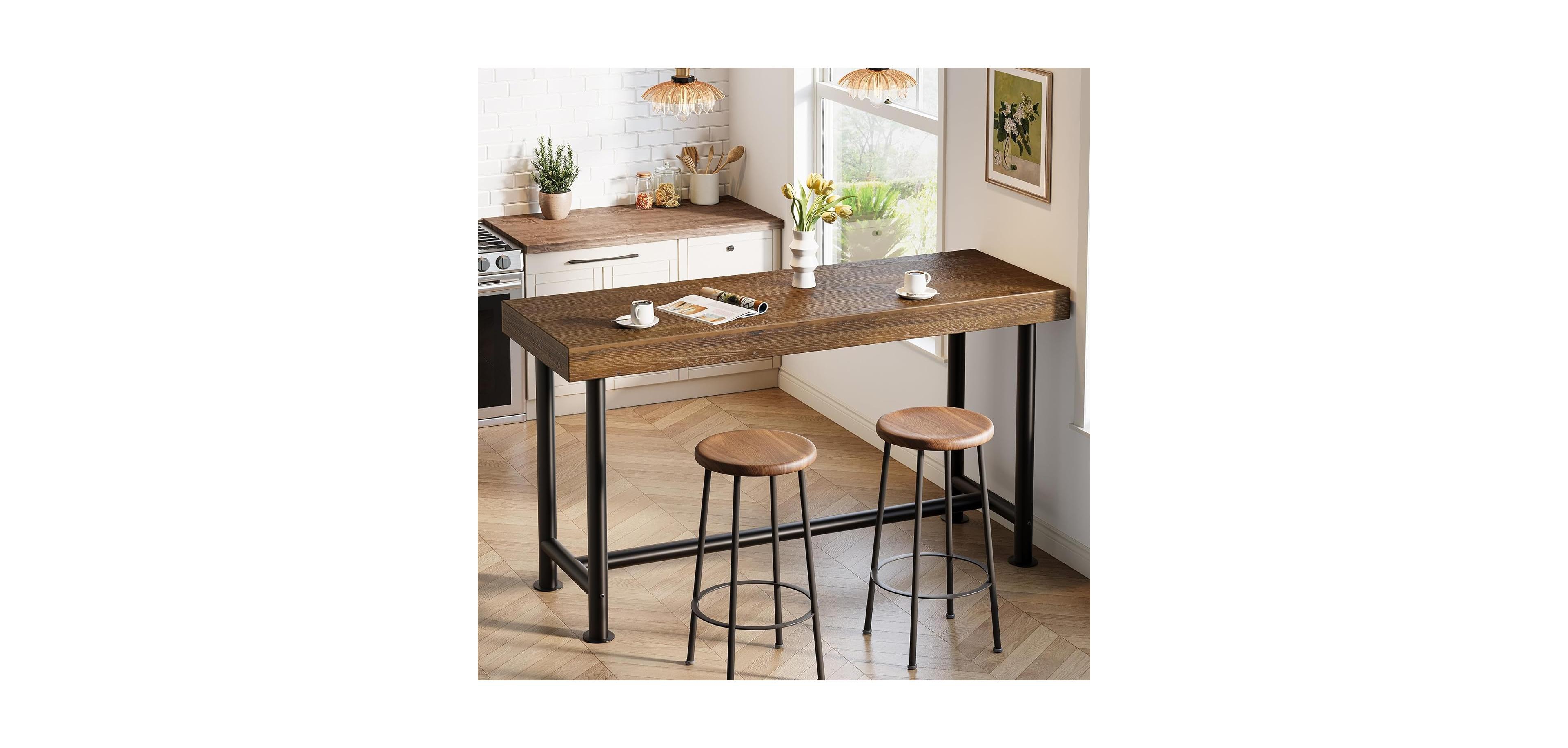 Tribesigns 63" Solid Wood Bar Table Counter height pub table with metal legs Breakfast bar unit for kitchen, living room, bistro Easy assembly