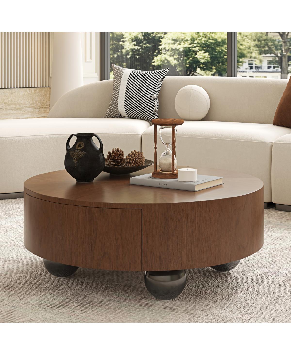 Streamdale Furniture Drum Coffee Table with Hidden Storage and Sphere Base, 35.43