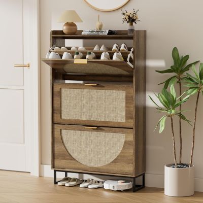 Large Rattan Shoe Storage Cabinet with 4 Flip Drawers