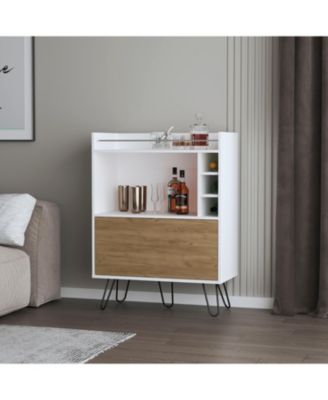 Otho Bar Cabinet with Drop-Down Door, Wine Storage, Open Shelves, and Hairpin Legs