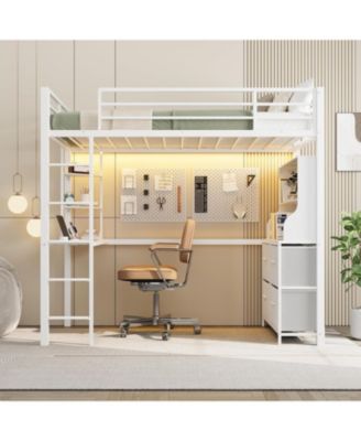 Twin Size Loft Bed with Desk, 4 Large Fabric Drawers and Open Shelves, Heavy Duty Metal Loft Bed with LED Lights, Power Outlets