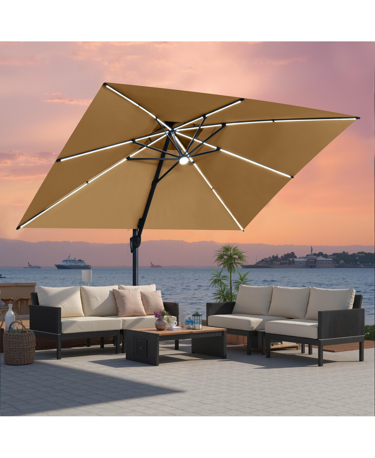 Pellebant Rectangular Solar Powered Led Patio Umbrella Offset Cantilever Umbrella with 350-lb Base
