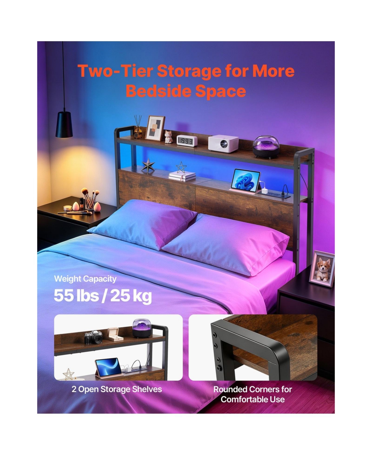 Sugift Full Size Headboard with Shelves Led Lighting 3 Outlets and 3 Usb Charging Ports