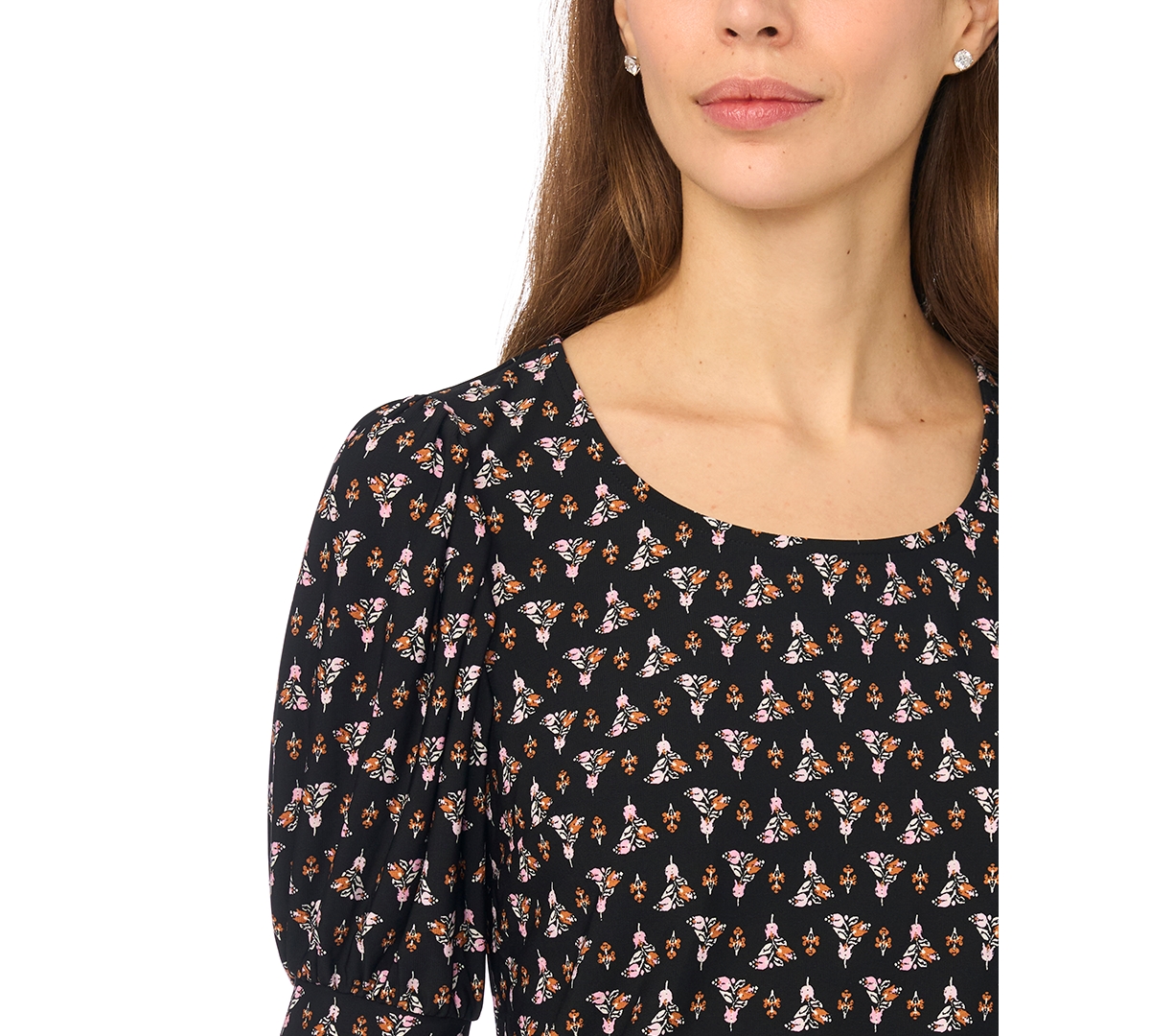 CeCe Women's Tulip Crew Neck Shirred Short-Sleeve Blouse
