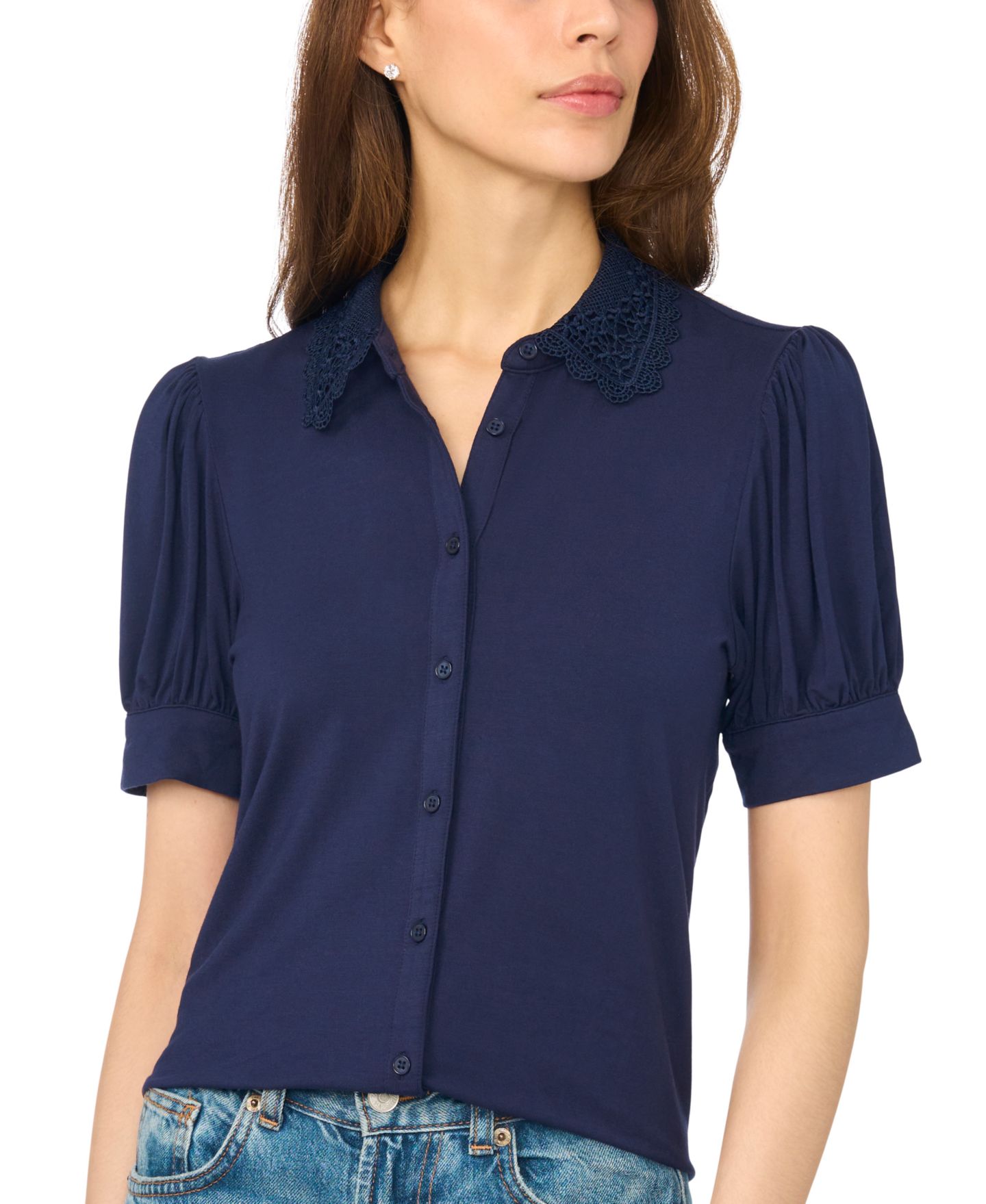 Женская блузка CeCe Short Puff-Sleeve Scallop-Trim Button-Up Blouse, цвет: Тёмно-синий — фото 2