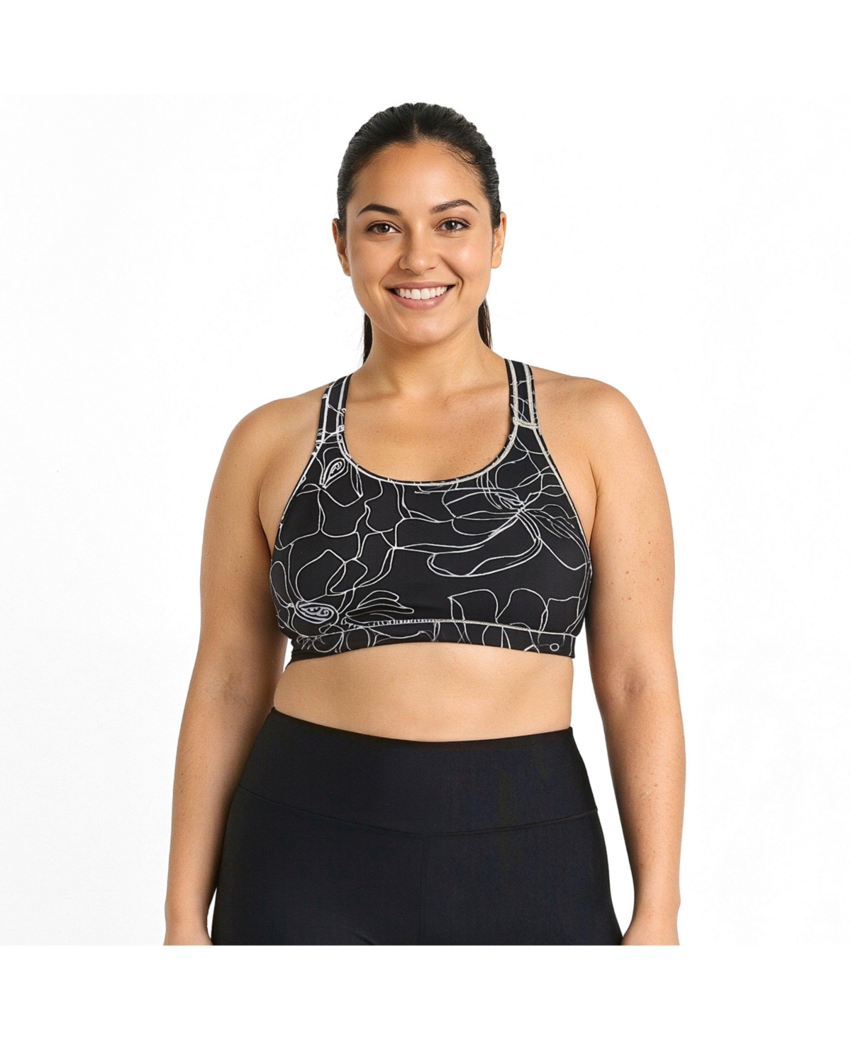 Calypsa Plus Size Racerback Swim Bra with Removable Cups - Black floral