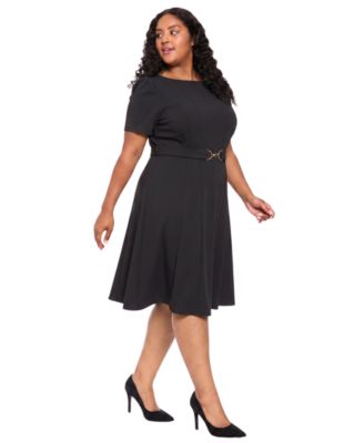 London Times Women's Plus Size Belted Fit & Flare Boat Neck Short Sleeve Dress - Black