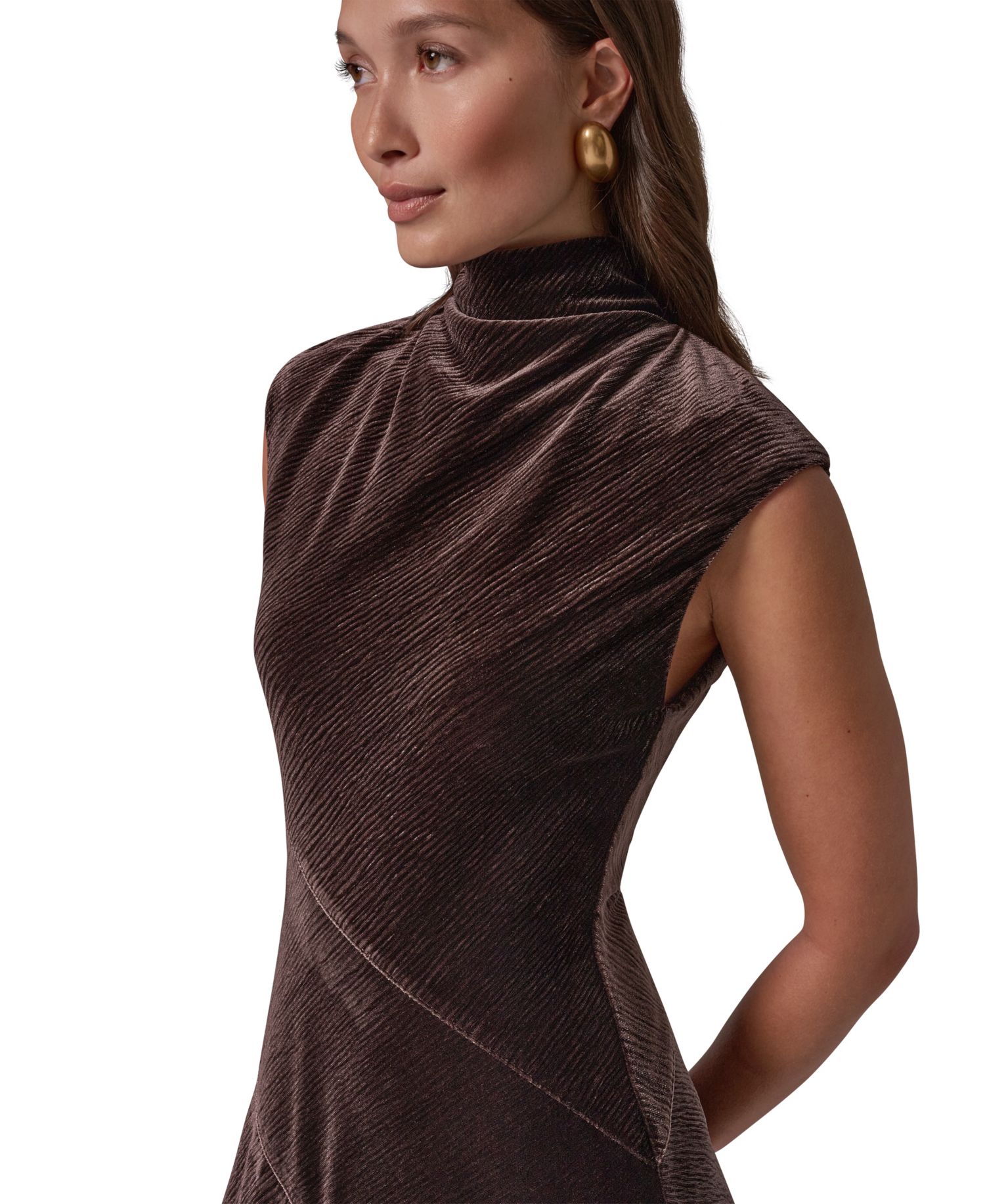 Women's Mock Neck Crinkled Velvet A-Line Dress