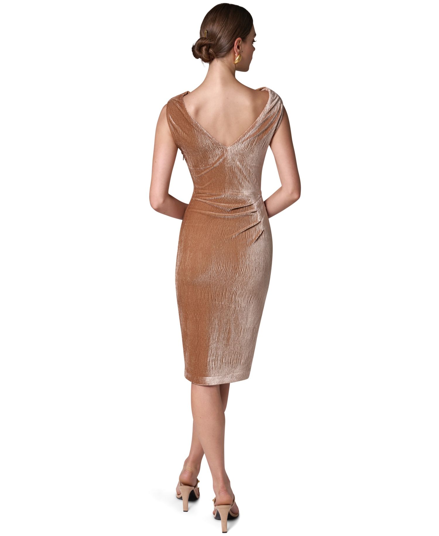 Women's Crinkled Velvet Side Ruched Midi Dress