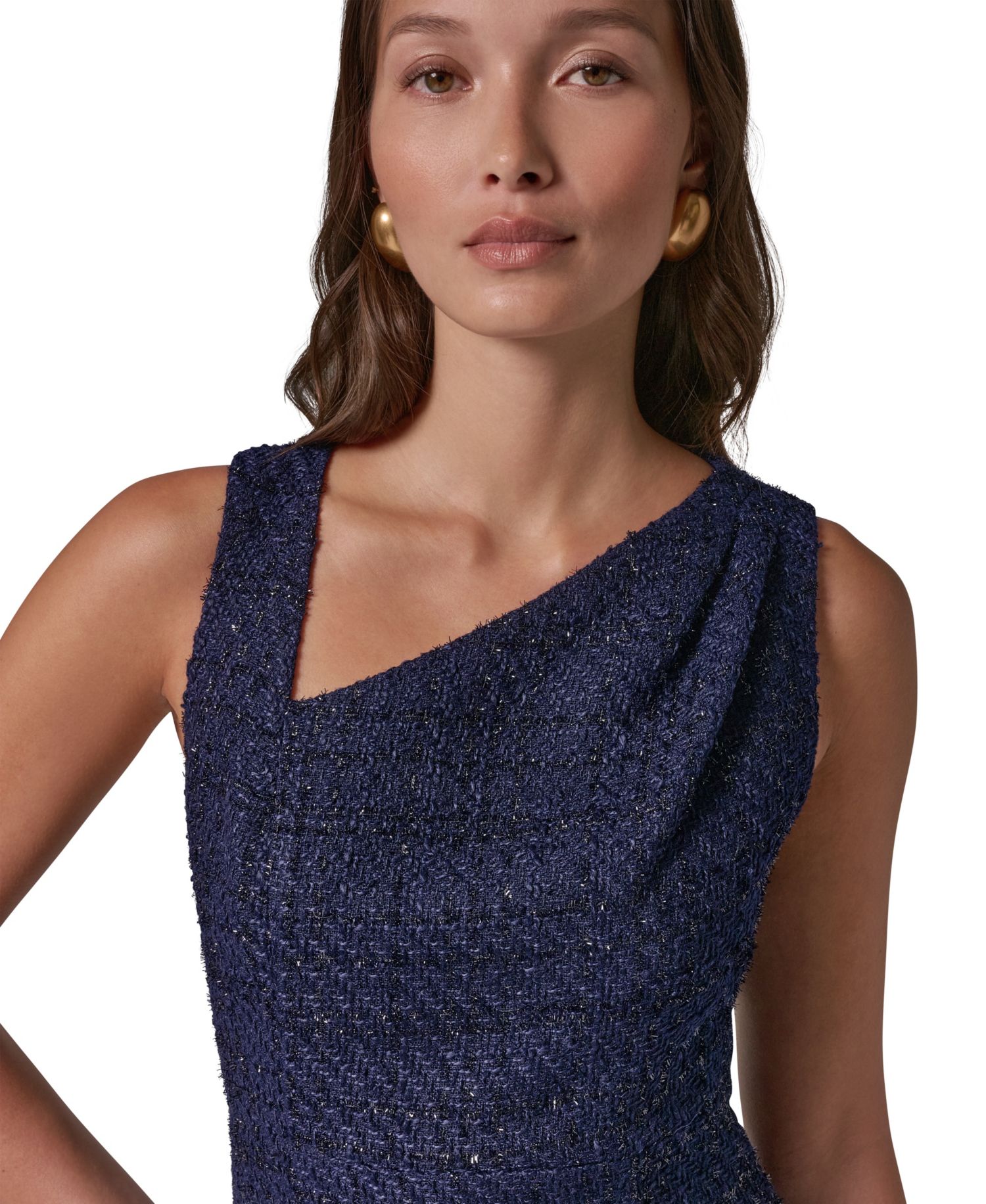 Women's Tweed Asymmetric Neck Midi Dress